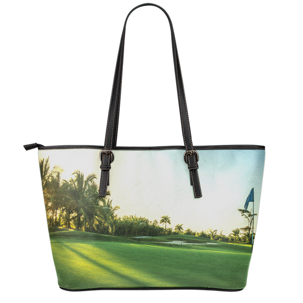 Golf Course Print Leather Tote Bag