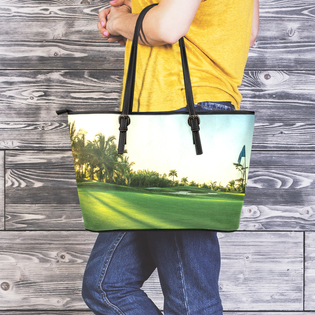 Golf Course Print Leather Tote Bag