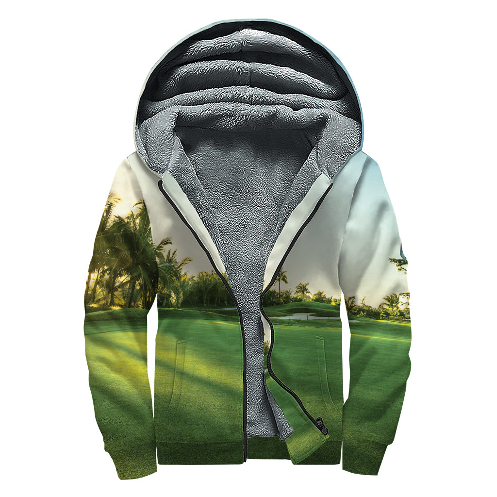 Golf Course Print Sherpa Lined Zip Up Hoodie