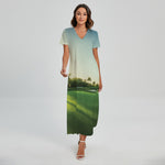 Golf Course Print Short Sleeve Maxi Dress