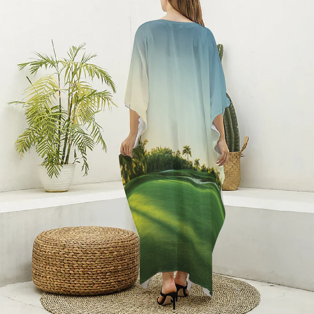 Golf Course Print Silk V-Neck Kaftan Dress