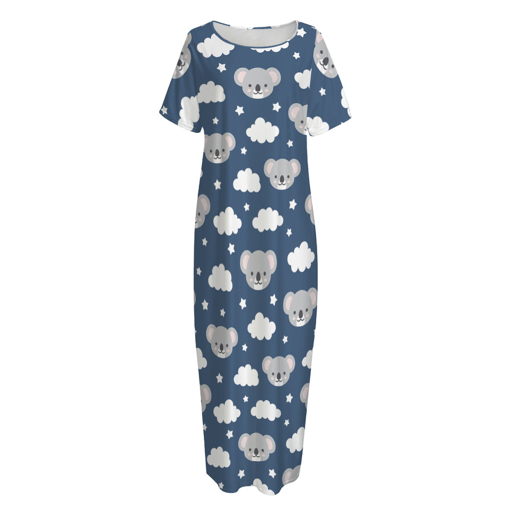 Good Night Koala Pattern Print Short Sleeve Long Nightdress