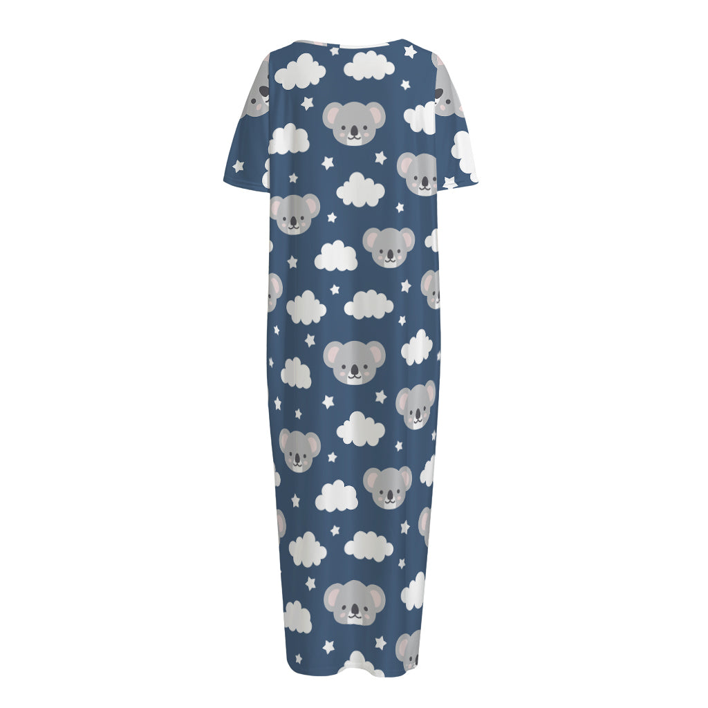 Good Night Koala Pattern Print Short Sleeve Long Nightdress