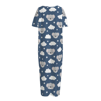 Good Night Koala Pattern Print Short Sleeve Long Nightdress