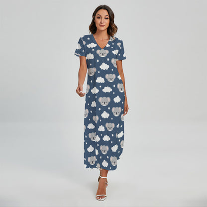 Good Night Koala Pattern Print Short Sleeve Maxi Dress