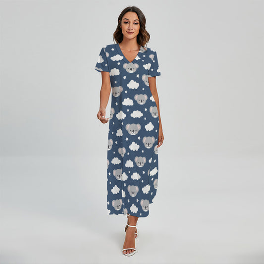 Good Night Koala Pattern Print Short Sleeve Maxi Dress