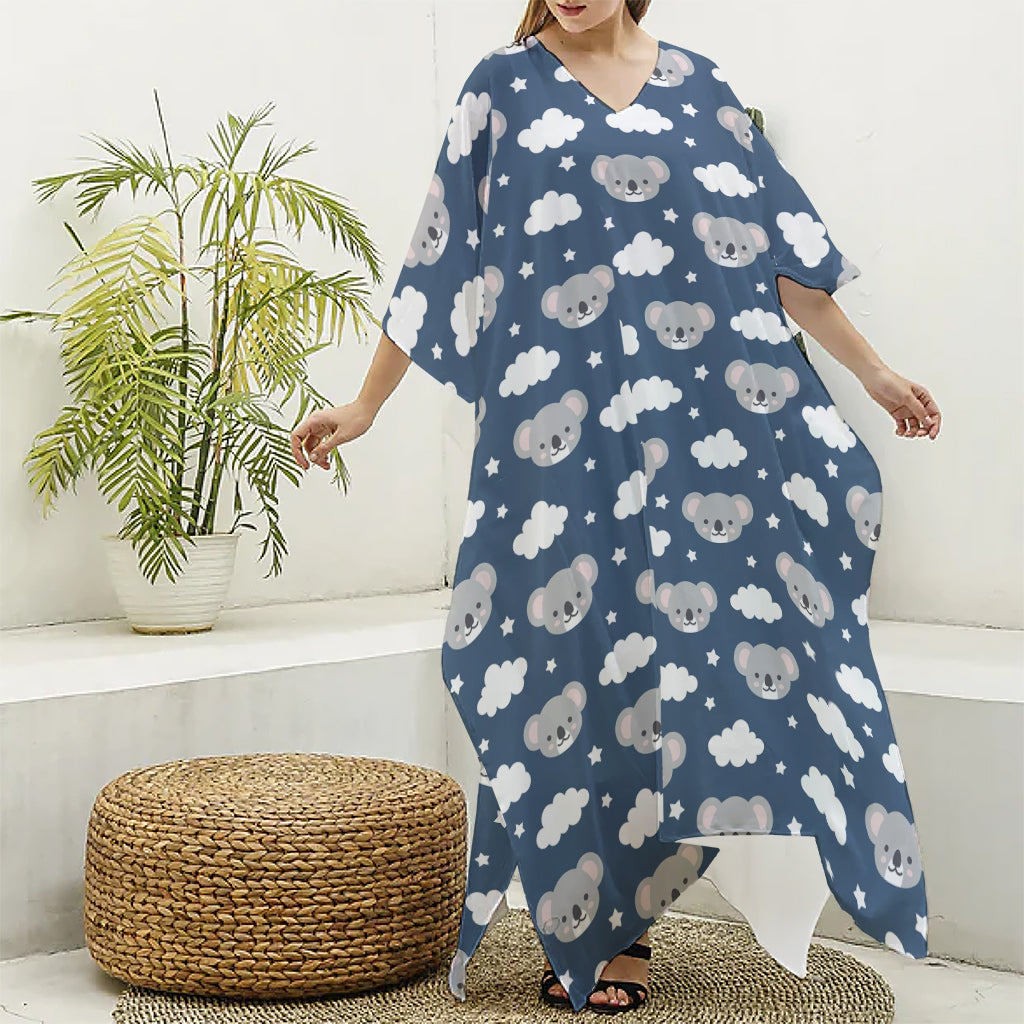 Good Night Koala Pattern Print Silk V-Neck Kaftan Dress