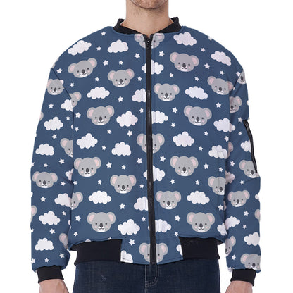 Good Night Koala Pattern Print Zip Sleeve Bomber Jacket