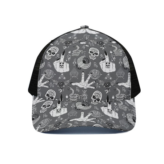 Gothic Wicca Curse Print Black Mesh Trucker Cap