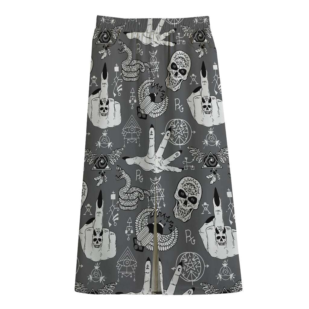 Gothic Wicca Curse Print Cotton Front Slit Maxi Skirt