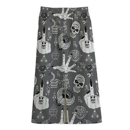 Gothic Wicca Curse Print Cotton Front Slit Maxi Skirt