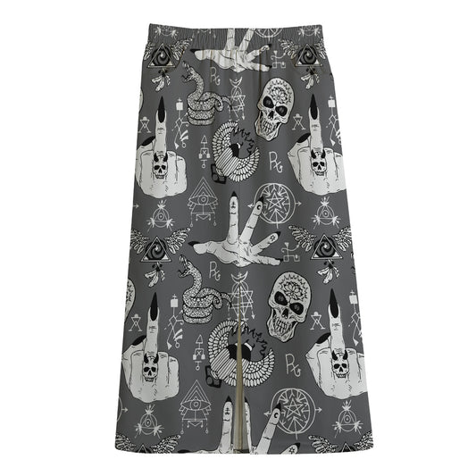 Gothic Wicca Curse Print Cotton Front Slit Maxi Skirt