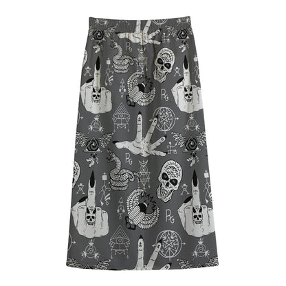 Gothic Wicca Curse Print Cotton Front Slit Maxi Skirt