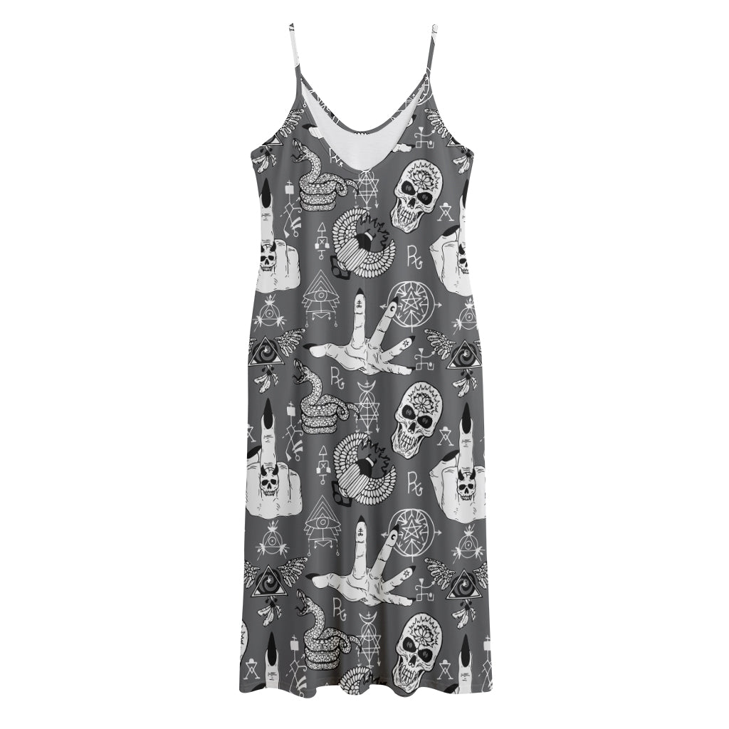 Gothic Wicca Curse Print Jersey Midi Cami Dress