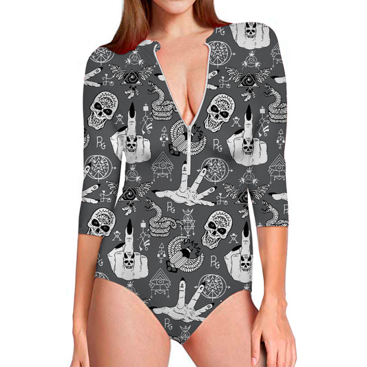 Gothic Wicca Curse Print Long Sleeve Swimsuit