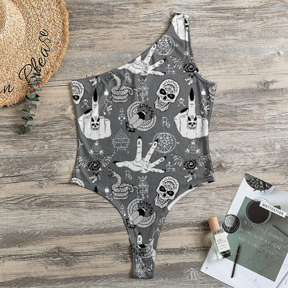 Gothic Wicca Curse Print One Shoulder Bodysuit