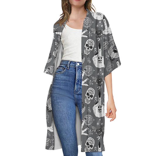Gothic Wicca Curse Print Open Front Beach Cover Up