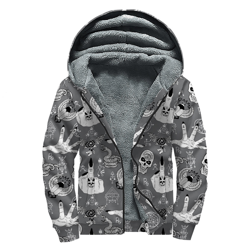 Gothic Wicca Curse Print Sherpa Lined Zip Up Hoodie