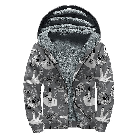 Gothic Wicca Curse Print Sherpa Lined Zip Up Hoodie