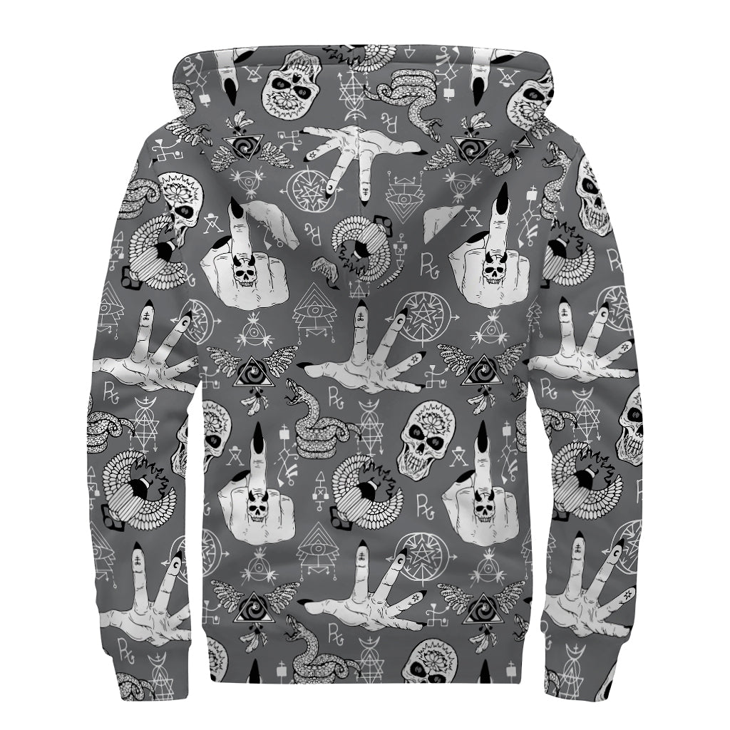 Gothic Wicca Curse Print Sherpa Lined Zip Up Hoodie