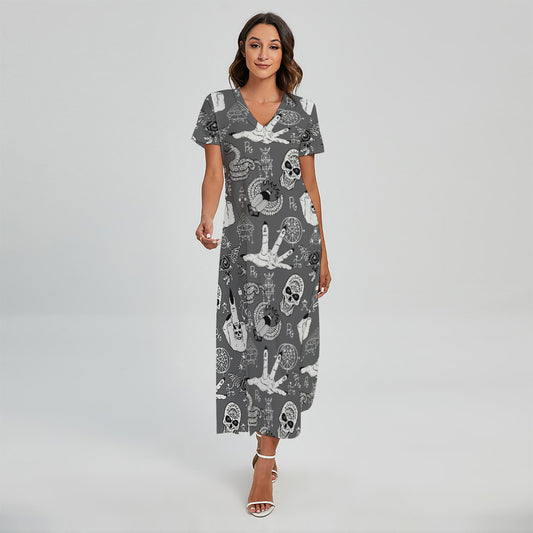 Gothic Wicca Curse Print Short Sleeve Maxi Dress
