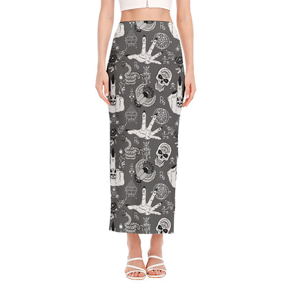 Gothic Wicca Curse Print Side Slit Maxi Skirt