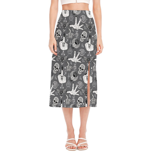Gothic Wicca Curse Print Side Slit Midi Skirt