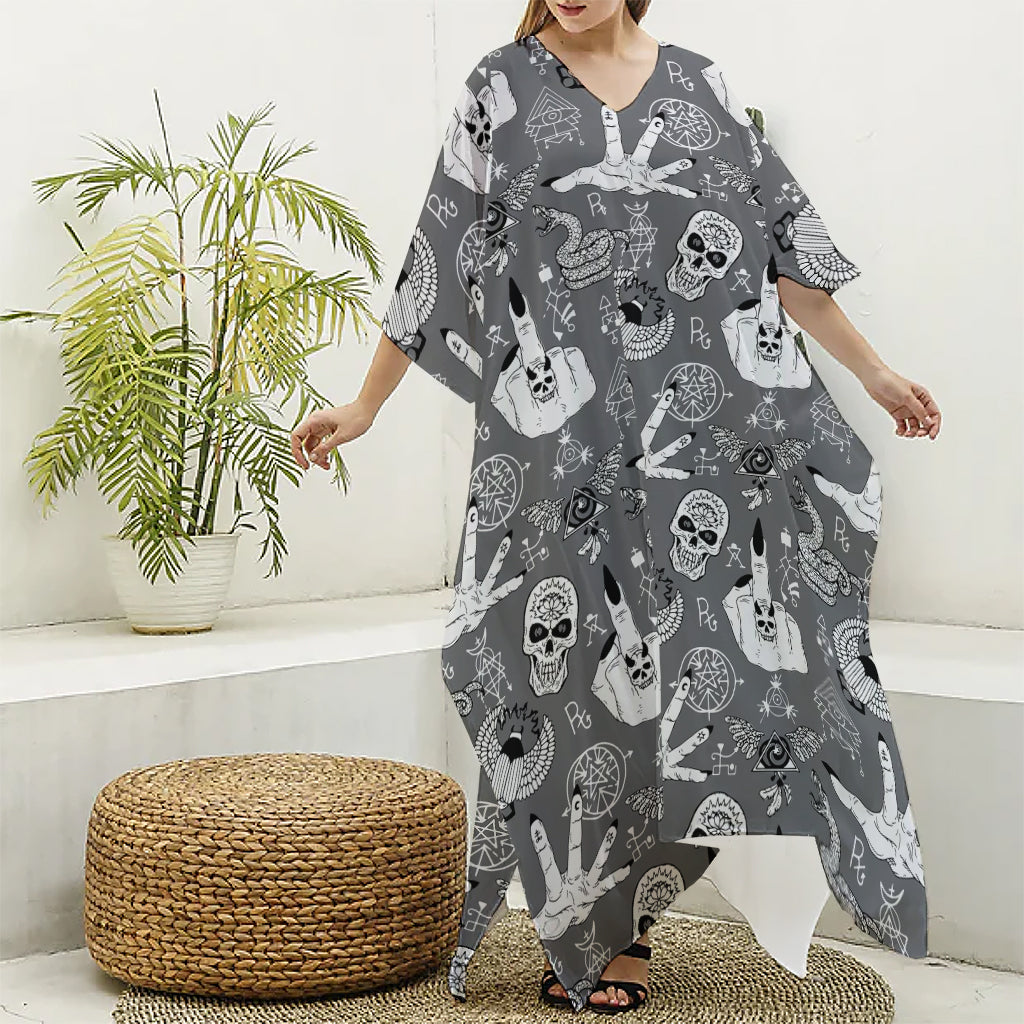 Gothic Wicca Curse Print Silk V-Neck Kaftan Dress