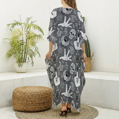 Gothic Wicca Curse Print Silk V-Neck Kaftan Dress