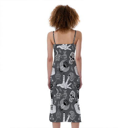 Gothic Wicca Curse Print Slim Fit Midi Cami Dress