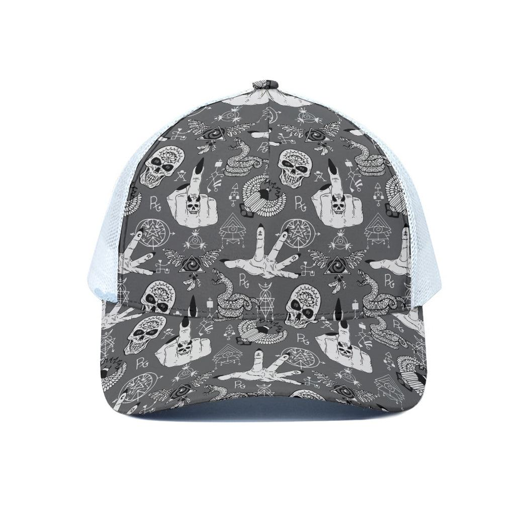 Gothic Wicca Curse Print White Mesh Trucker Cap