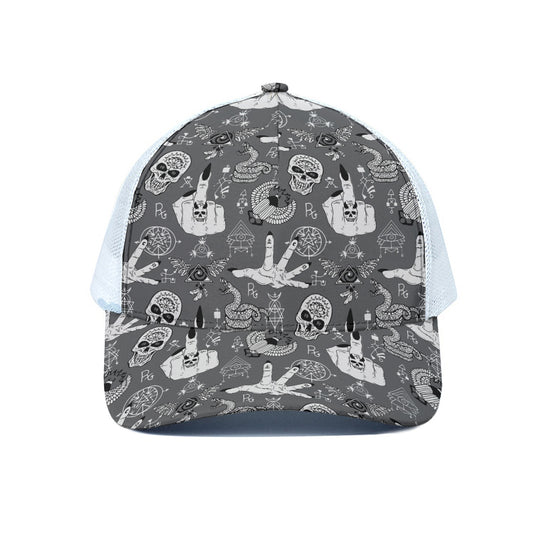 Gothic Wicca Curse Print White Mesh Trucker Cap