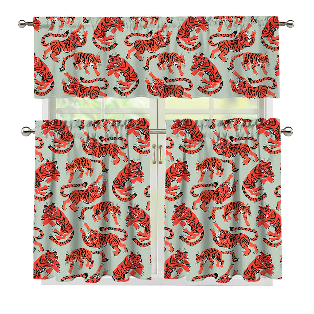 Gouache Tiger Pattern Print 3 Piece Kitchen Curtains
