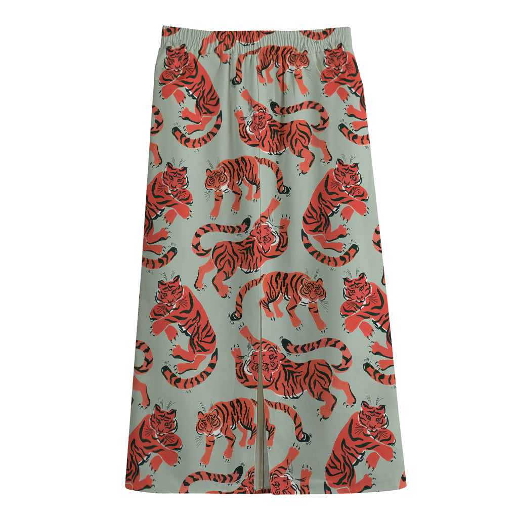 Gouache Tiger Pattern Print Cotton Front Slit Maxi Skirt