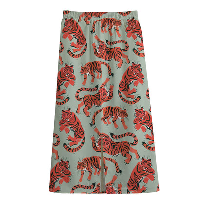 Gouache Tiger Pattern Print Cotton Front Slit Maxi Skirt