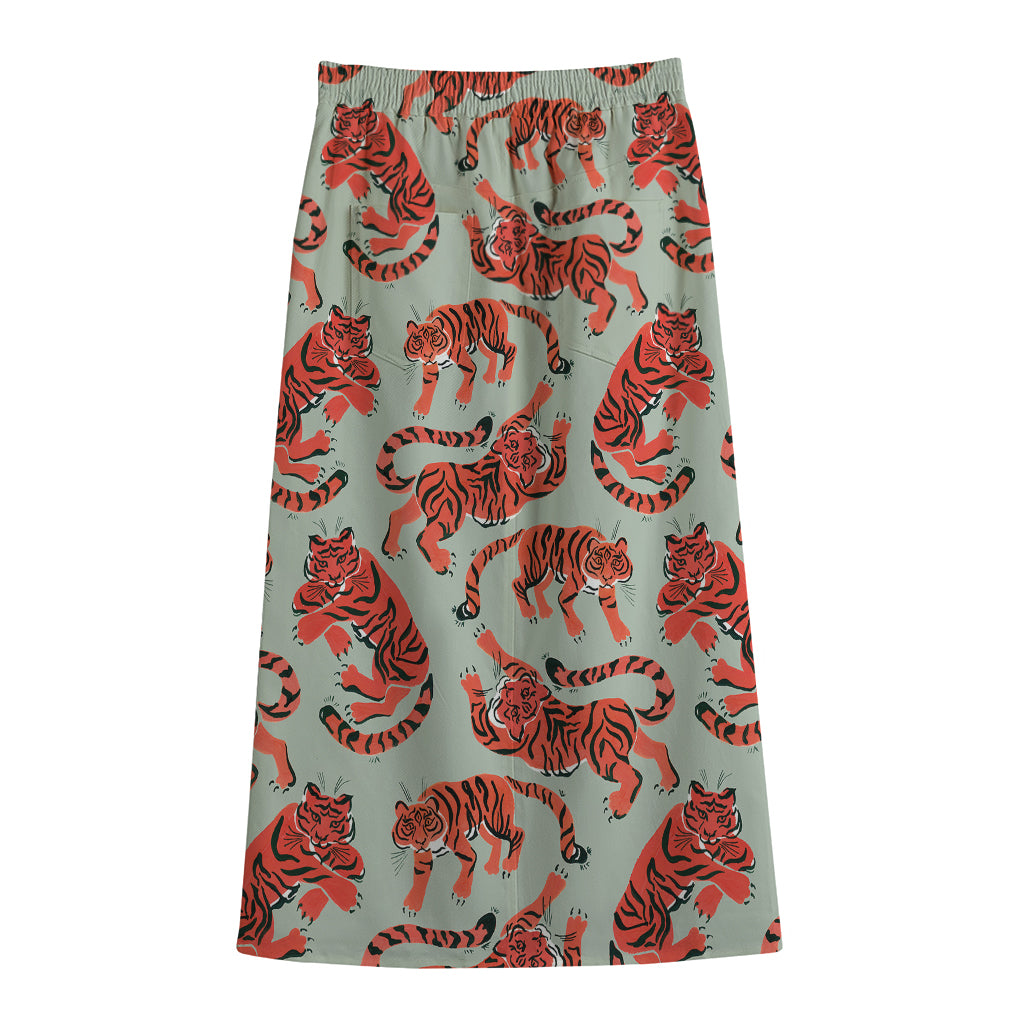 Gouache Tiger Pattern Print Cotton Front Slit Maxi Skirt