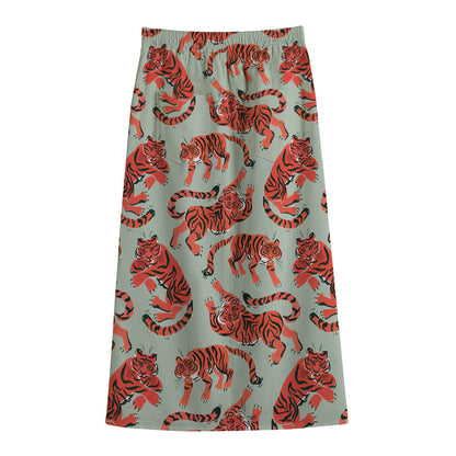 Gouache Tiger Pattern Print Cotton Front Slit Maxi Skirt