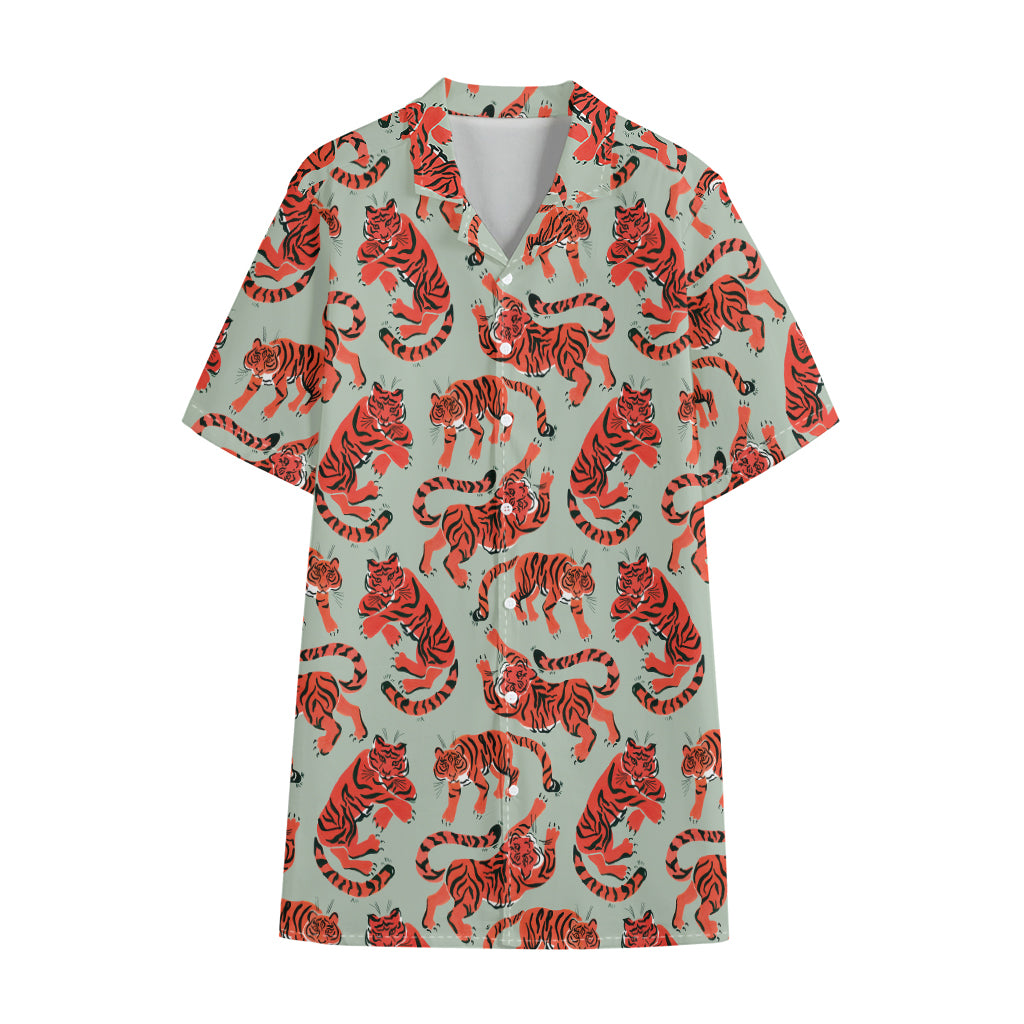 Gouache Tiger Pattern Print Cotton Hawaiian Shirt