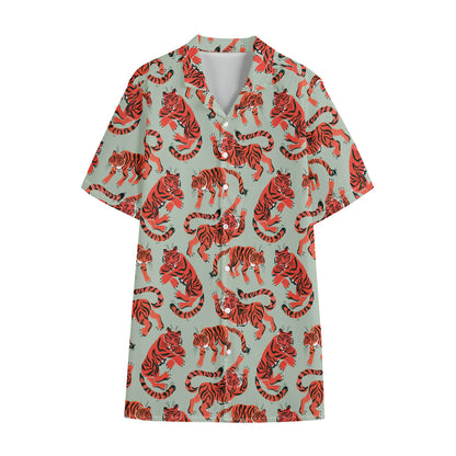 Gouache Tiger Pattern Print Cotton Hawaiian Shirt