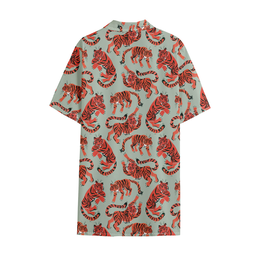 Gouache Tiger Pattern Print Cotton Hawaiian Shirt