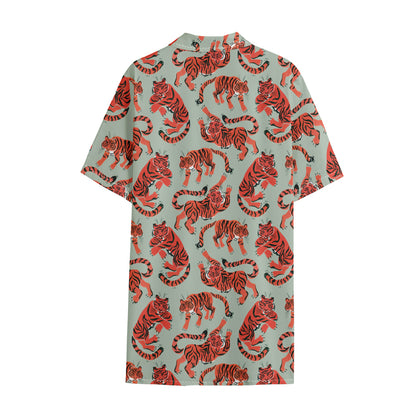 Gouache Tiger Pattern Print Cotton Hawaiian Shirt