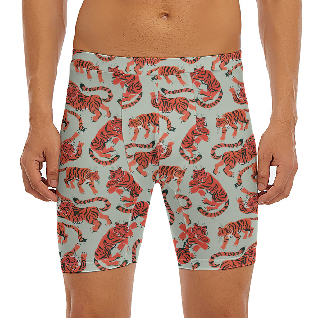 Gouache Tiger Pattern Print Men's Long Boxer Briefs