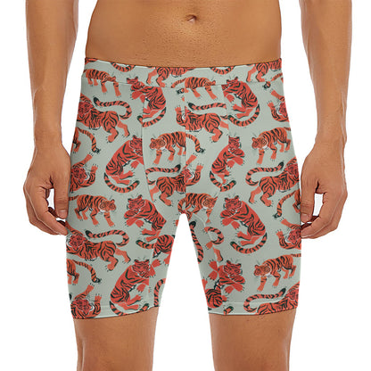 Gouache Tiger Pattern Print Men's Long Boxer Briefs