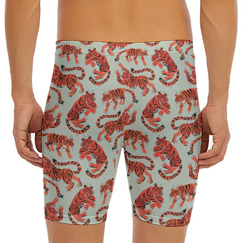 Gouache Tiger Pattern Print Men's Long Boxer Briefs