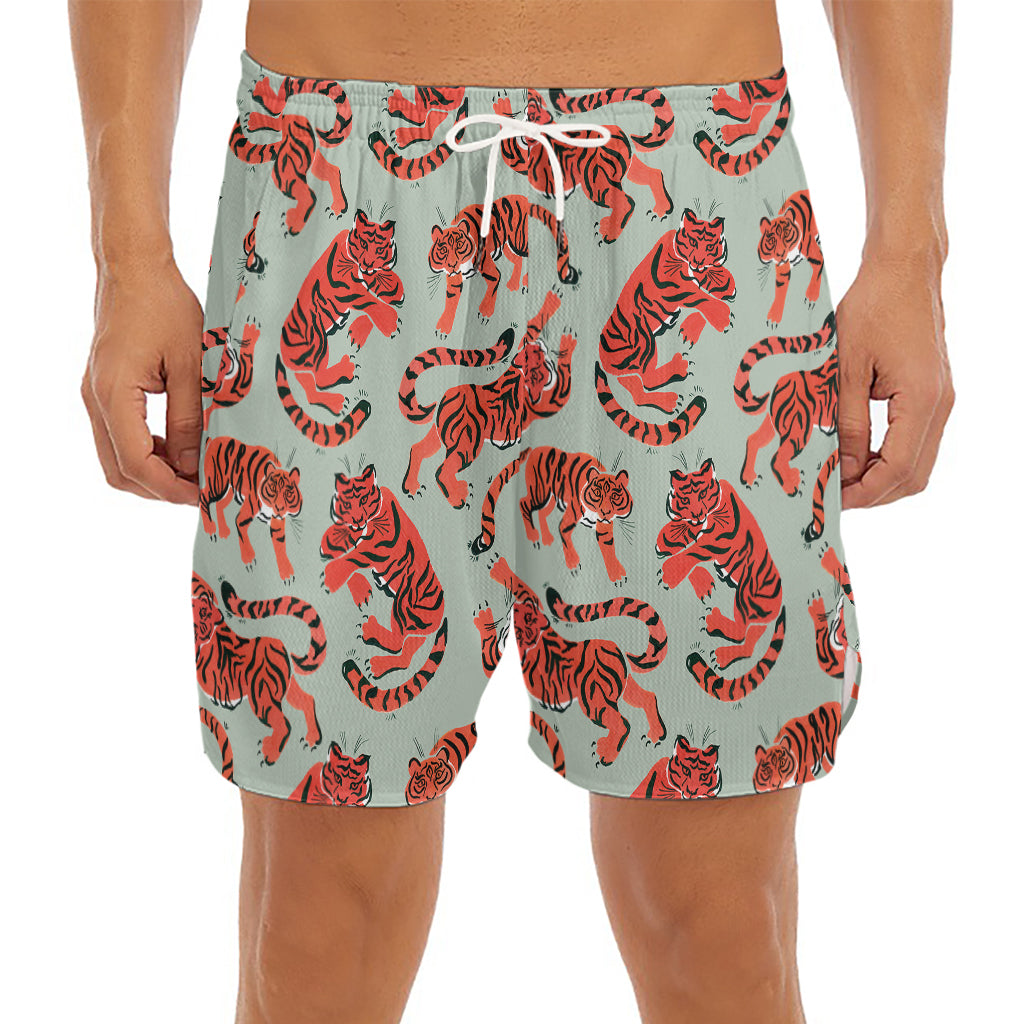 Gouache Tiger Pattern Print Men's Split Running Shorts