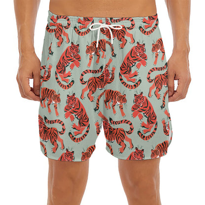 Gouache Tiger Pattern Print Men's Split Running Shorts