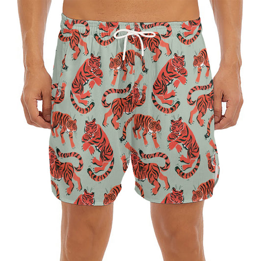 Gouache Tiger Pattern Print Men's Split Running Shorts