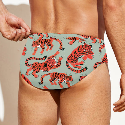 Gouache Tiger Pattern Print Men's Swim Briefs