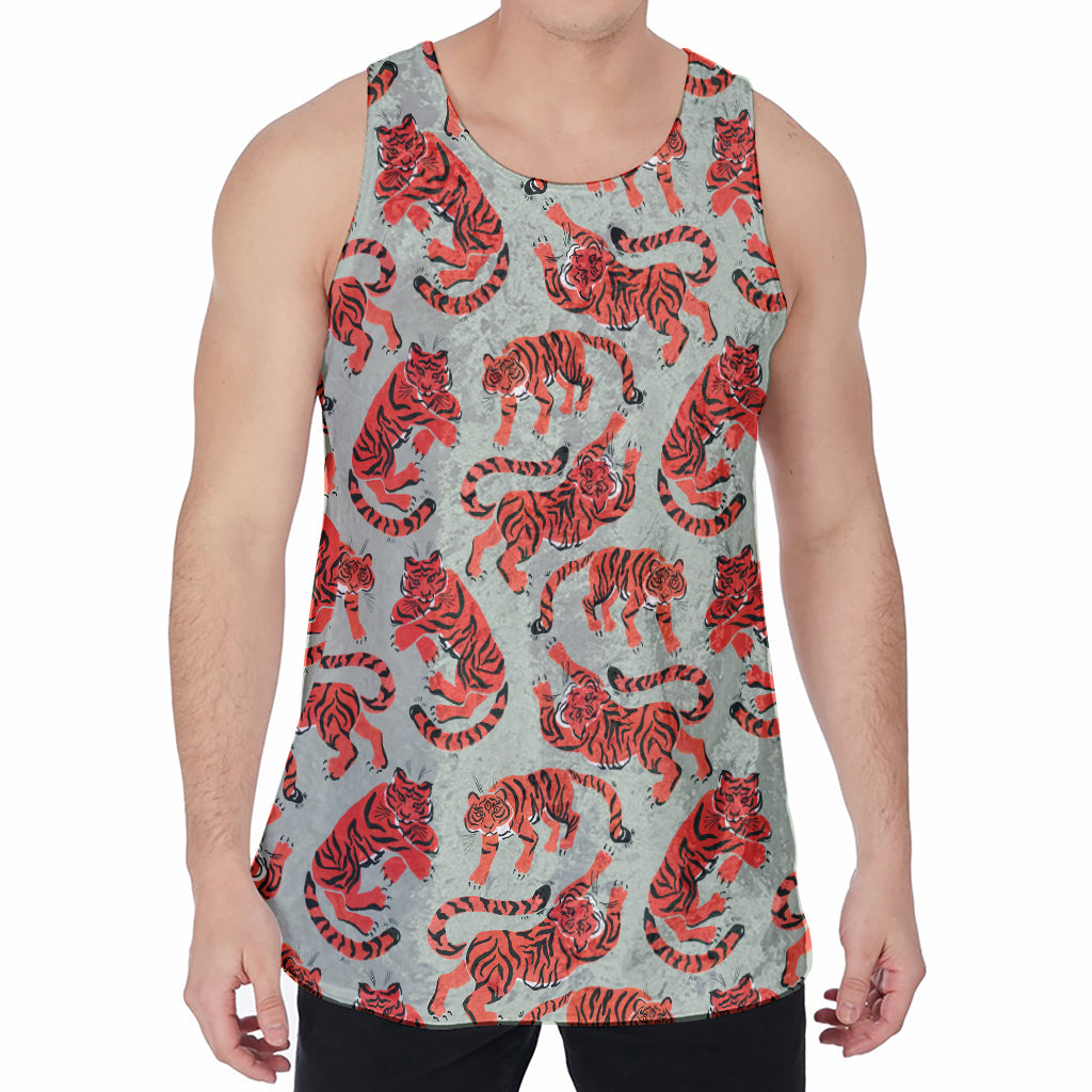 Gouache Tiger Pattern Print Men's Velvet Tank Top