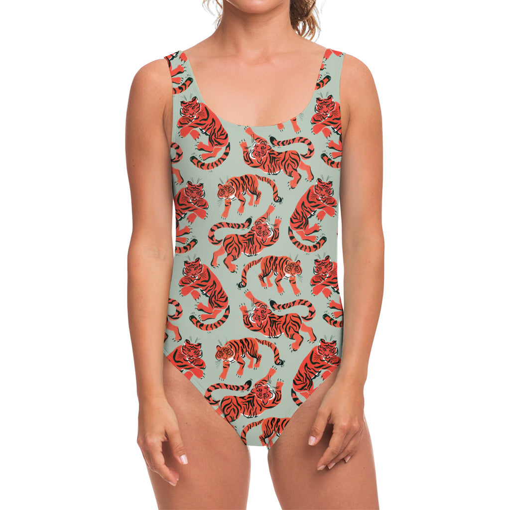 Gouache Tiger Pattern Print One Piece Swimsuit